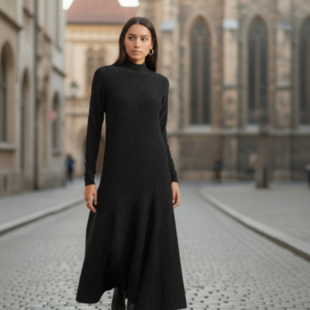 Ganni Baxter Sparkle Mock Neck Maxi Dress Brown Black Metallic Long‎ Sleeve XS/S